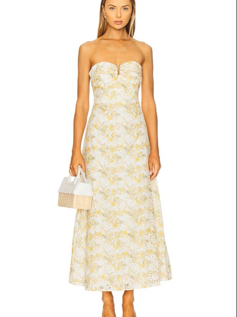 Bardot Women's Lora Broderie Printed Strapless Maxi Dress Yellow Floral Size 12